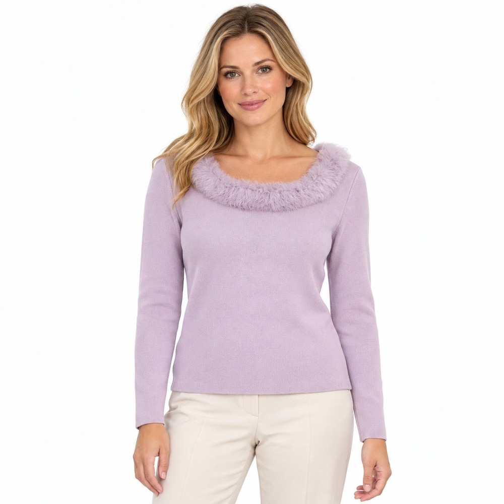 Y2K Coquette Sweater Fuzzy Trim Medium Lilac Scoop Neck Balletcore Soft Girl